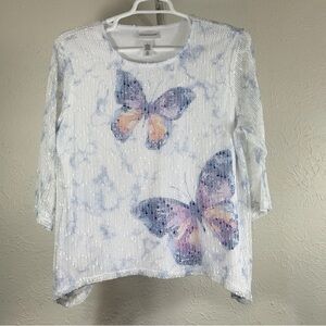 Alfred Dunner White and Blue Butterfly Sequin Tunic
